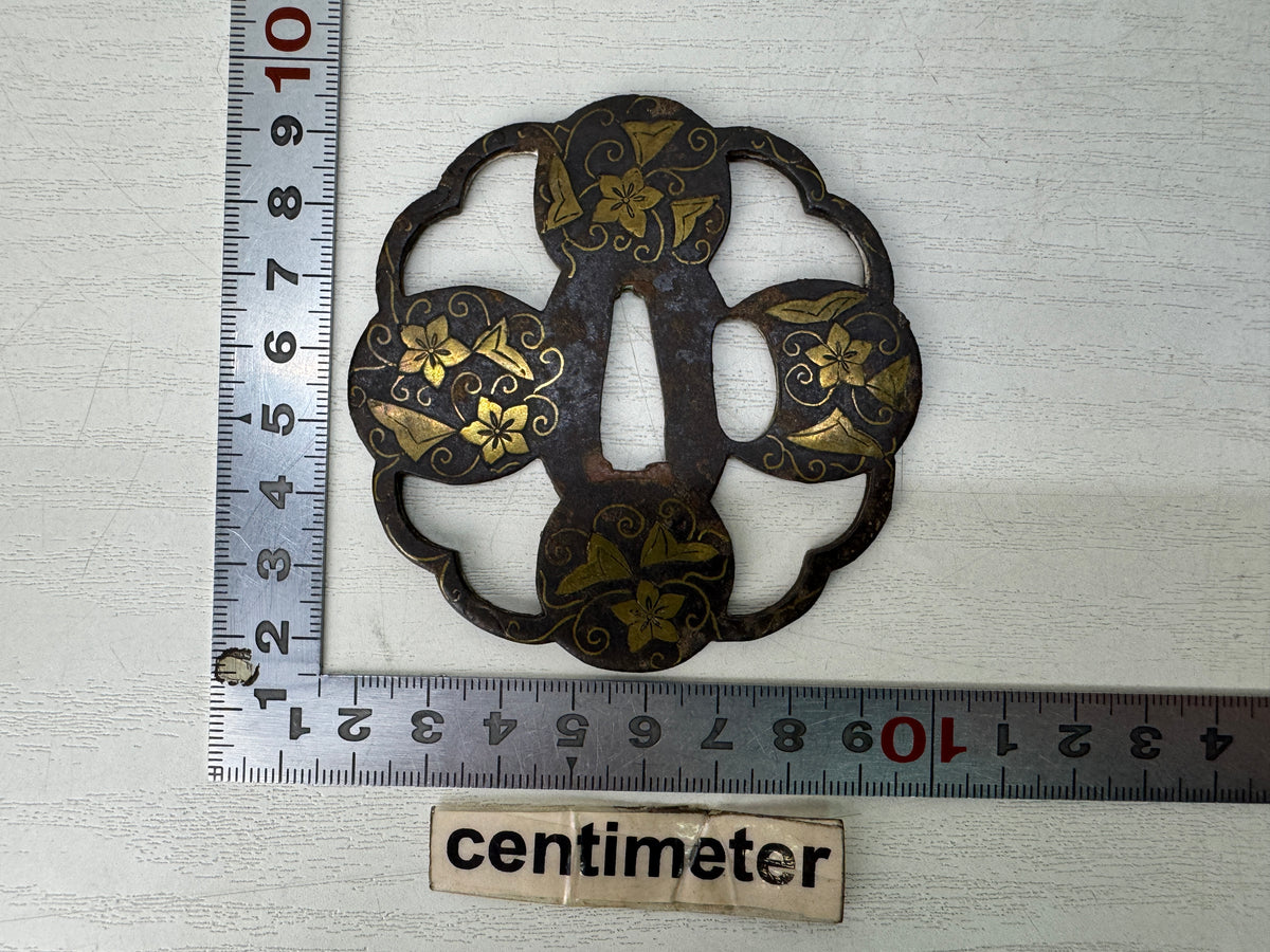 Y11144 TSUBA Iron Sword guard Brass Inlay Heiannjo castle Japan antique bushi