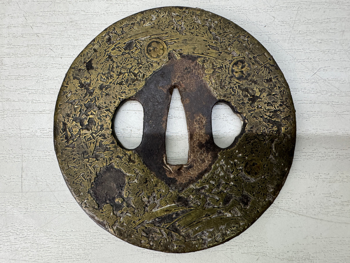 Y11145 TSUBA Iron Long Sword guard Brass Inlay Family crest Japan antique bushi