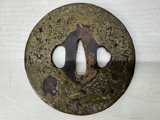 Y11145 TSUBA Iron Long Sword guard Brass Inlay Family crest Japan antique bushi