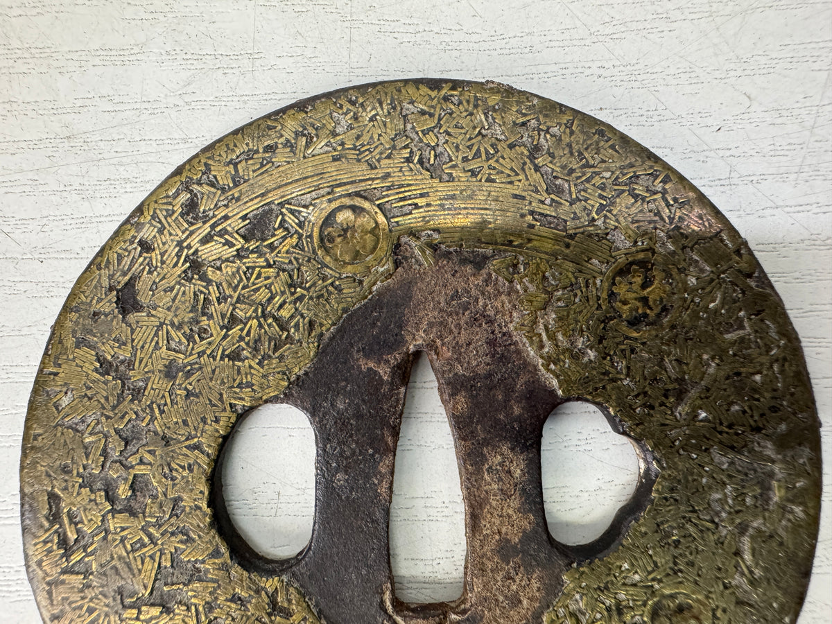 Y11145 TSUBA Iron Long Sword guard Brass Inlay Family crest Japan antique bushi