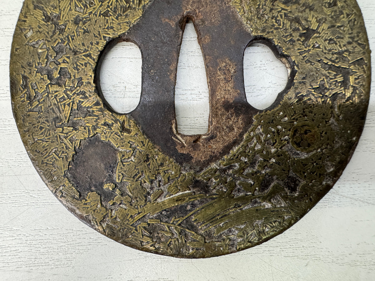 Y11145 TSUBA Iron Long Sword guard Brass Inlay Family crest Japan antique bushi