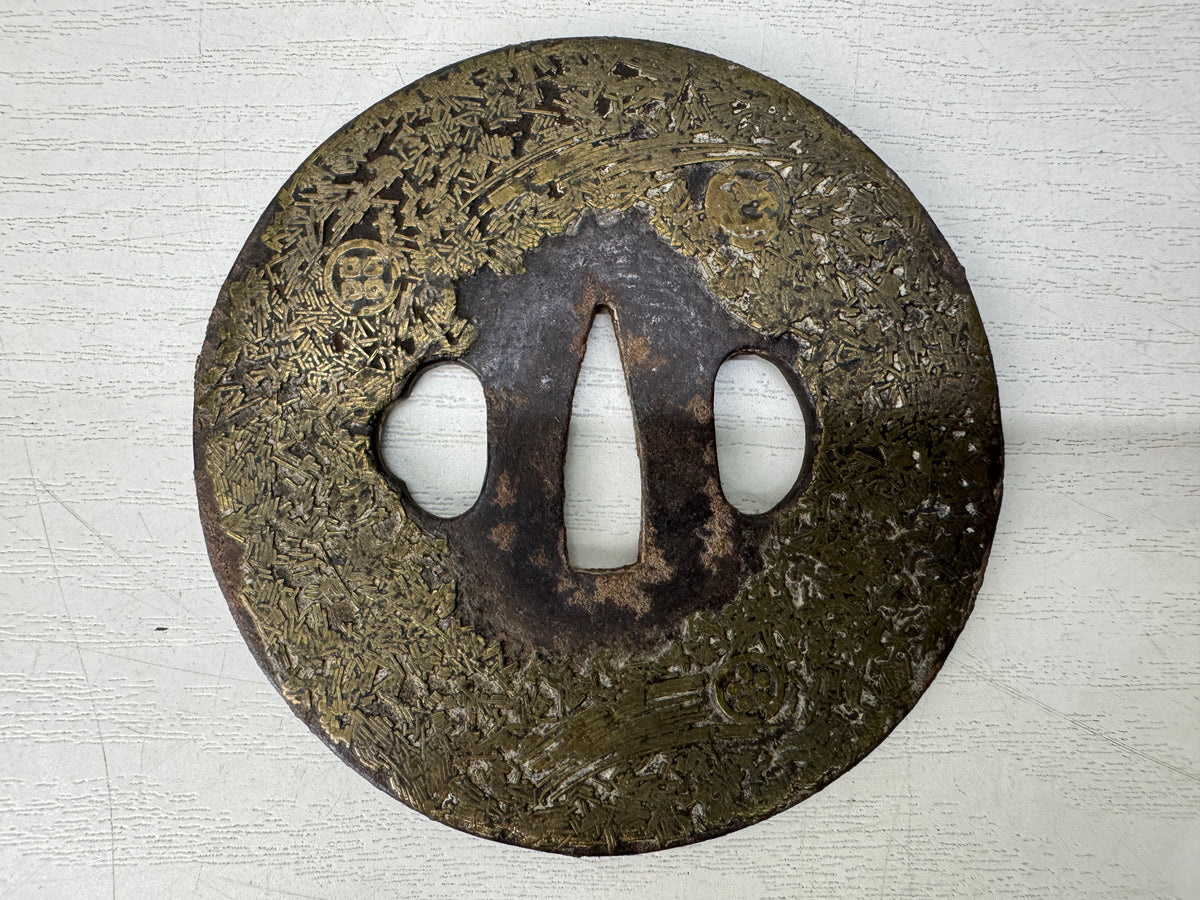 Y11145 TSUBA Iron Long Sword guard Brass Inlay Family crest Japan antique bushi