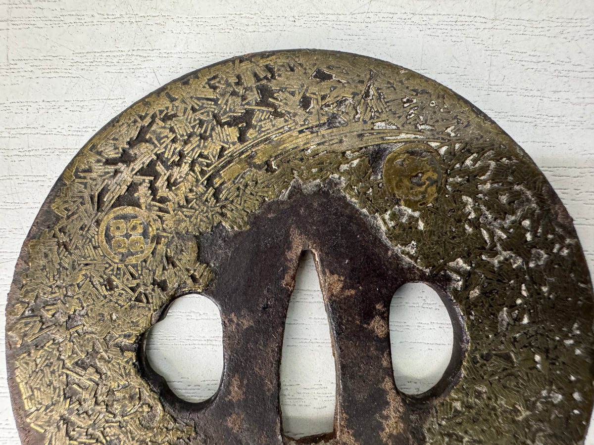 Y11145 TSUBA Iron Long Sword guard Brass Inlay Family crest Japan antique bushi