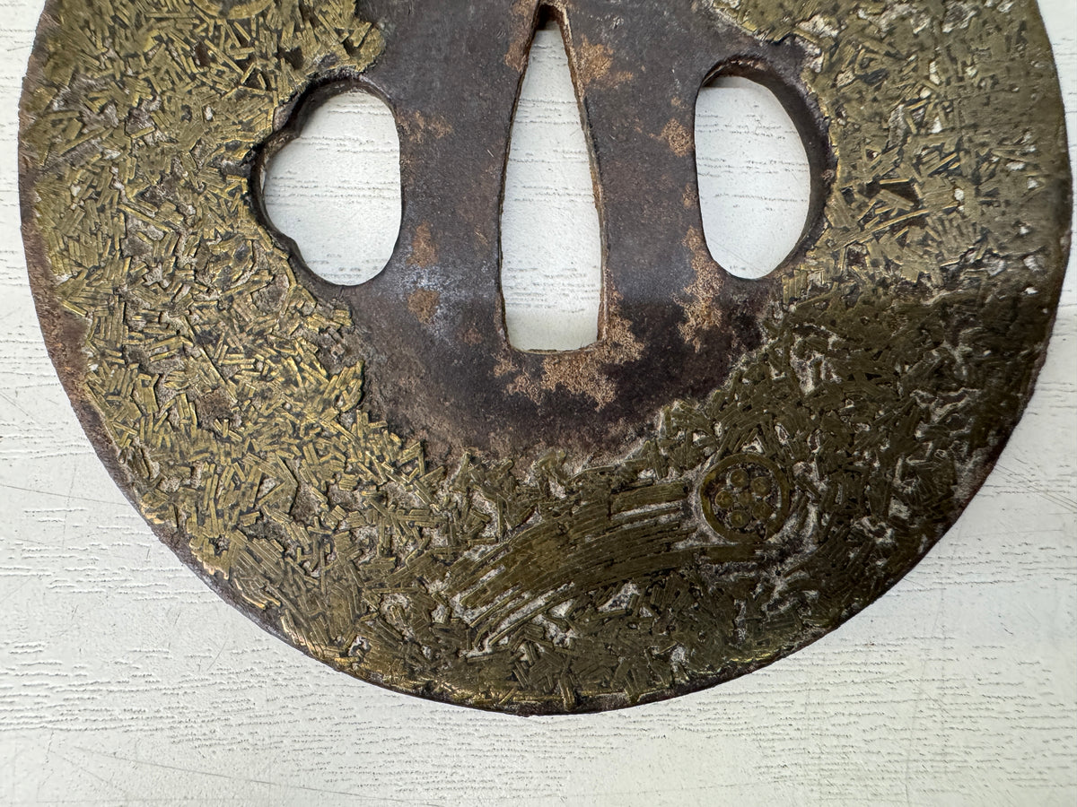 Y11145 TSUBA Iron Long Sword guard Brass Inlay Family crest Japan antique bushi