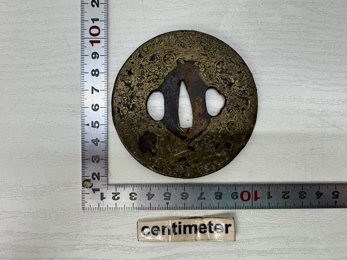 Y11145 TSUBA Iron Long Sword guard Brass Inlay Family crest Japan antique bushi