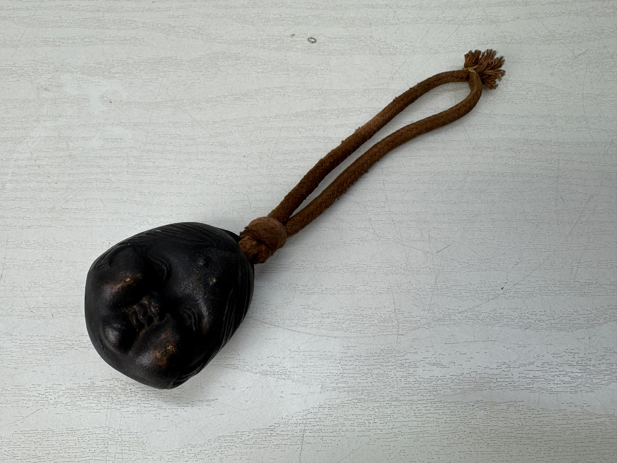 Y11146 BELL Copper Ofuku face shape ornament Japan antique accessory trinket
