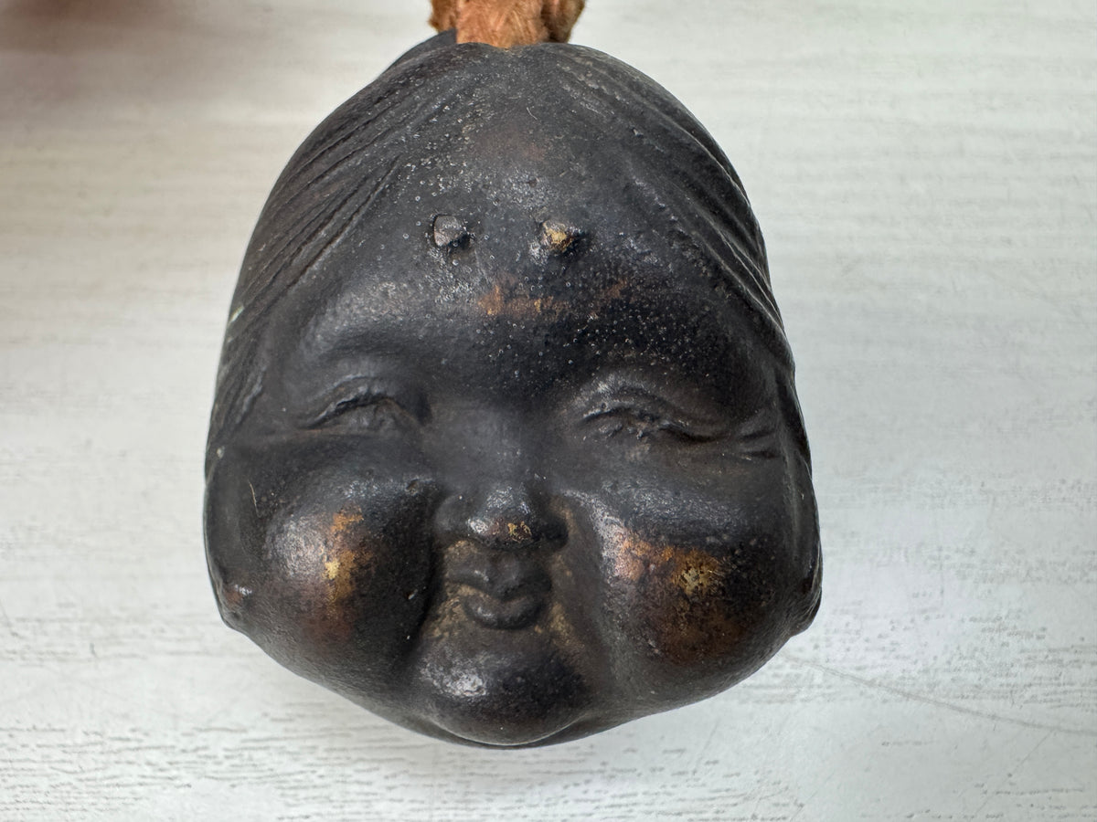 Y11146 BELL Copper Ofuku face shape ornament Japan antique accessory trinket