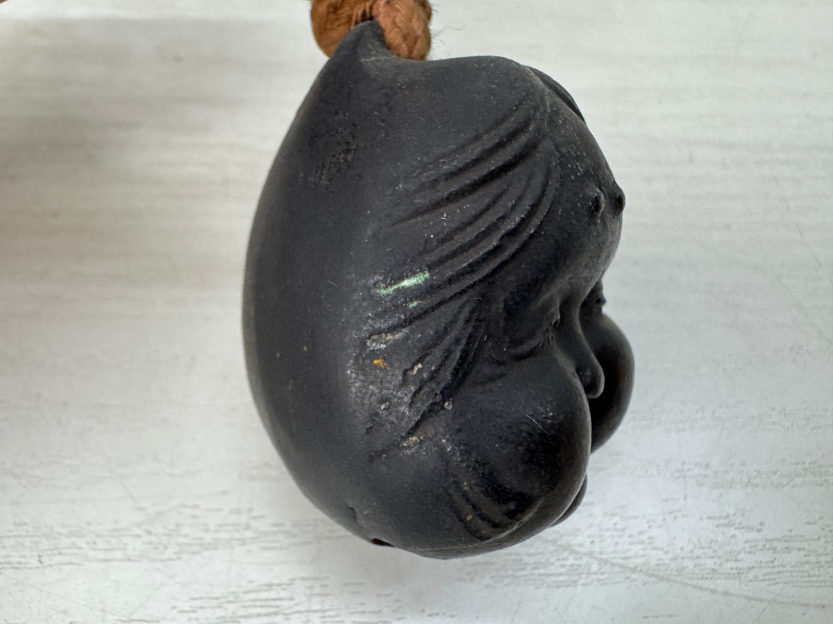Y11146 BELL Copper Ofuku face shape ornament Japan antique accessory trinket
