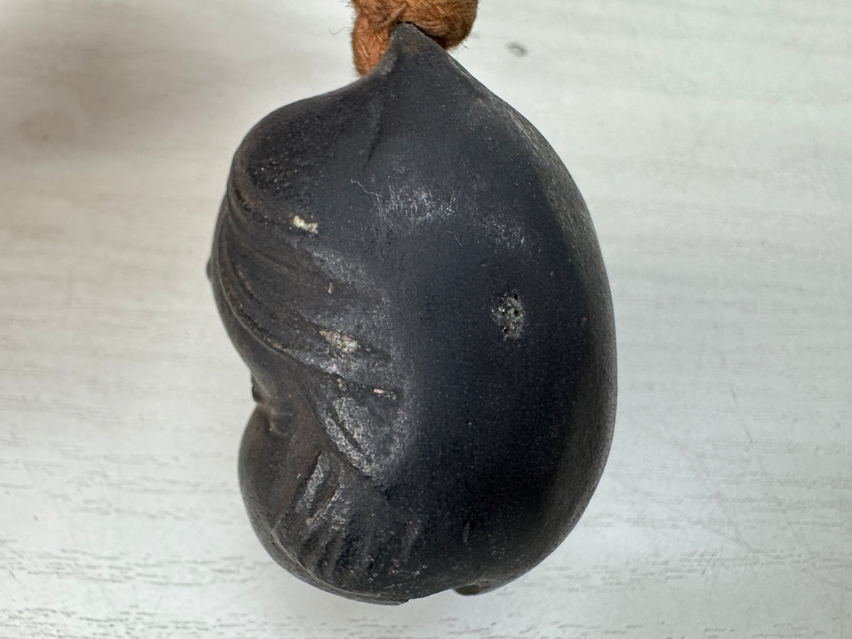 Y11146 BELL Copper Ofuku face shape ornament Japan antique accessory trinket