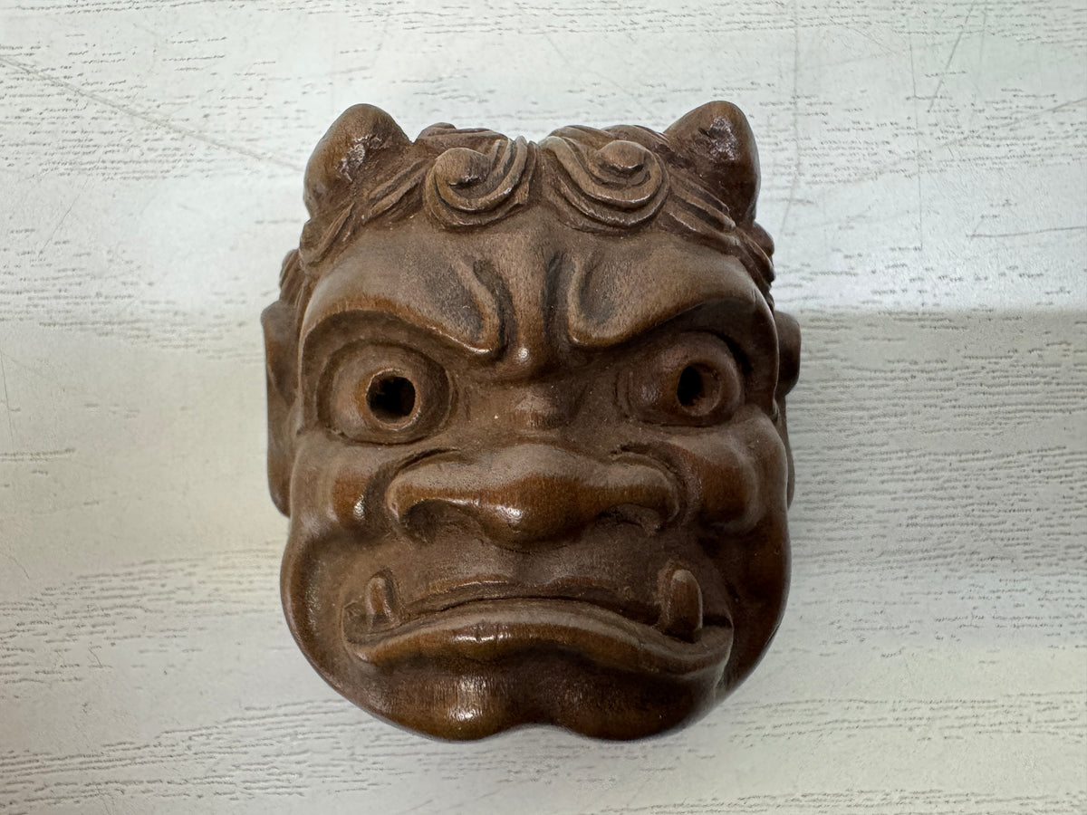 Y11148 NETSUKE wood carving Demon mask Sagemono Japan antique kimono accessory