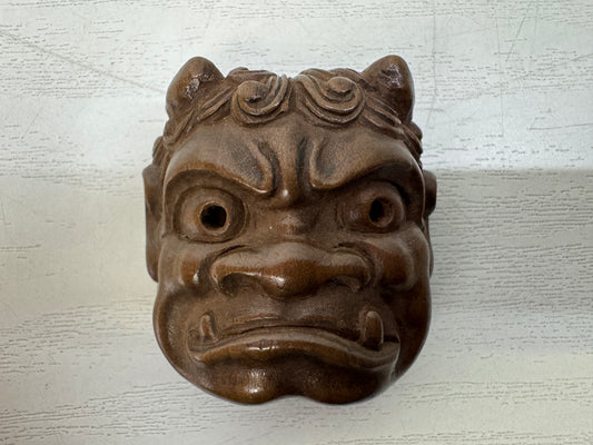 Y11148 NETSUKE wood carving Demon mask Sagemono Japan antique kimono accessory