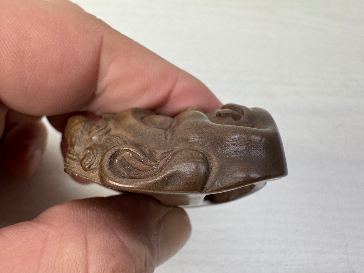 Y11148 NETSUKE wood carving Demon mask Sagemono Japan antique kimono accessory