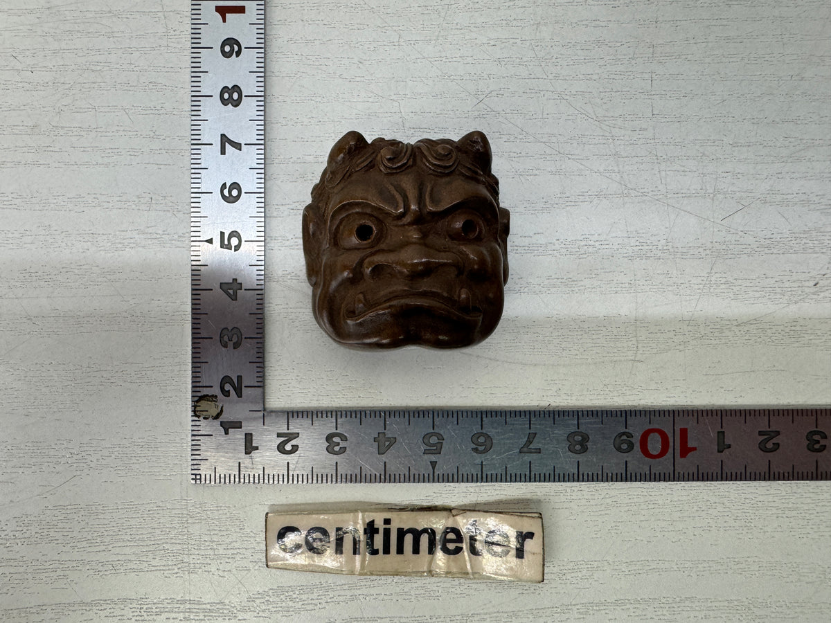 Y11148 NETSUKE wood carving Demon mask Sagemono Japan antique kimono accessory