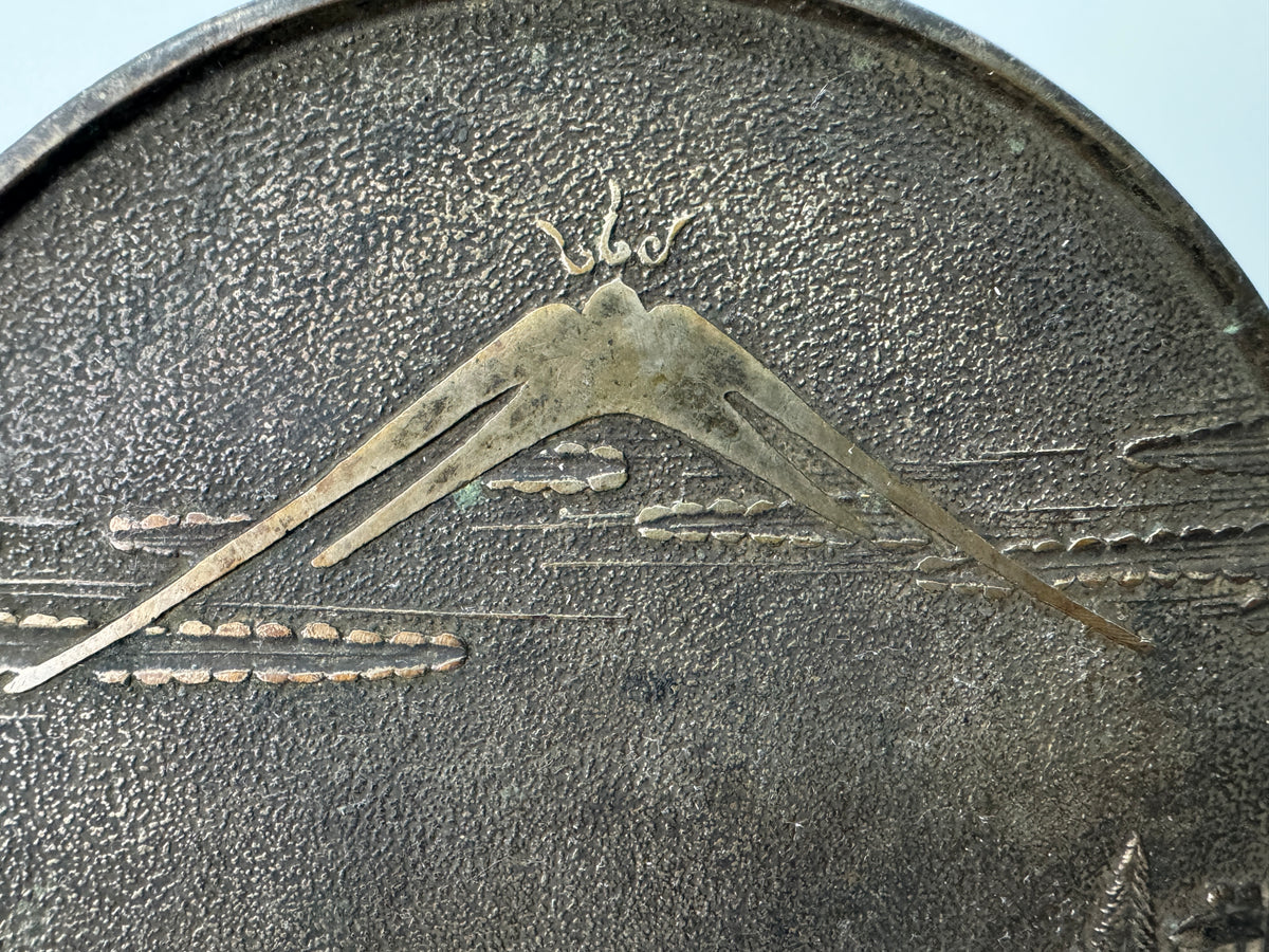 Y11169 KAGAMI Old bronze mirror signed case Japan antique grooming appearance