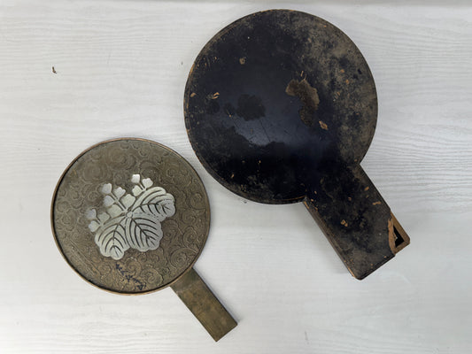 Y11170 KAGAMI Old bronze mirror signed case Japan antique grooming appearance