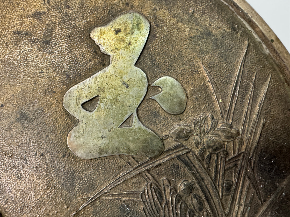 Y11171 KAGAMI Old bronze mirror signed case Japan antique grooming appearance