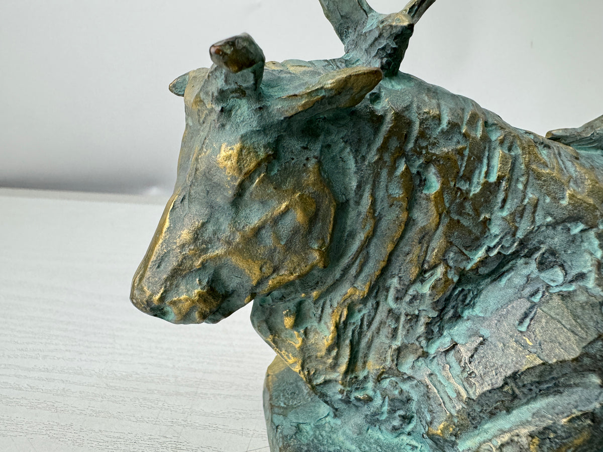 Y11208 OKIMONO Bronze Cow Bird figurine signed box Japan antique interior decor