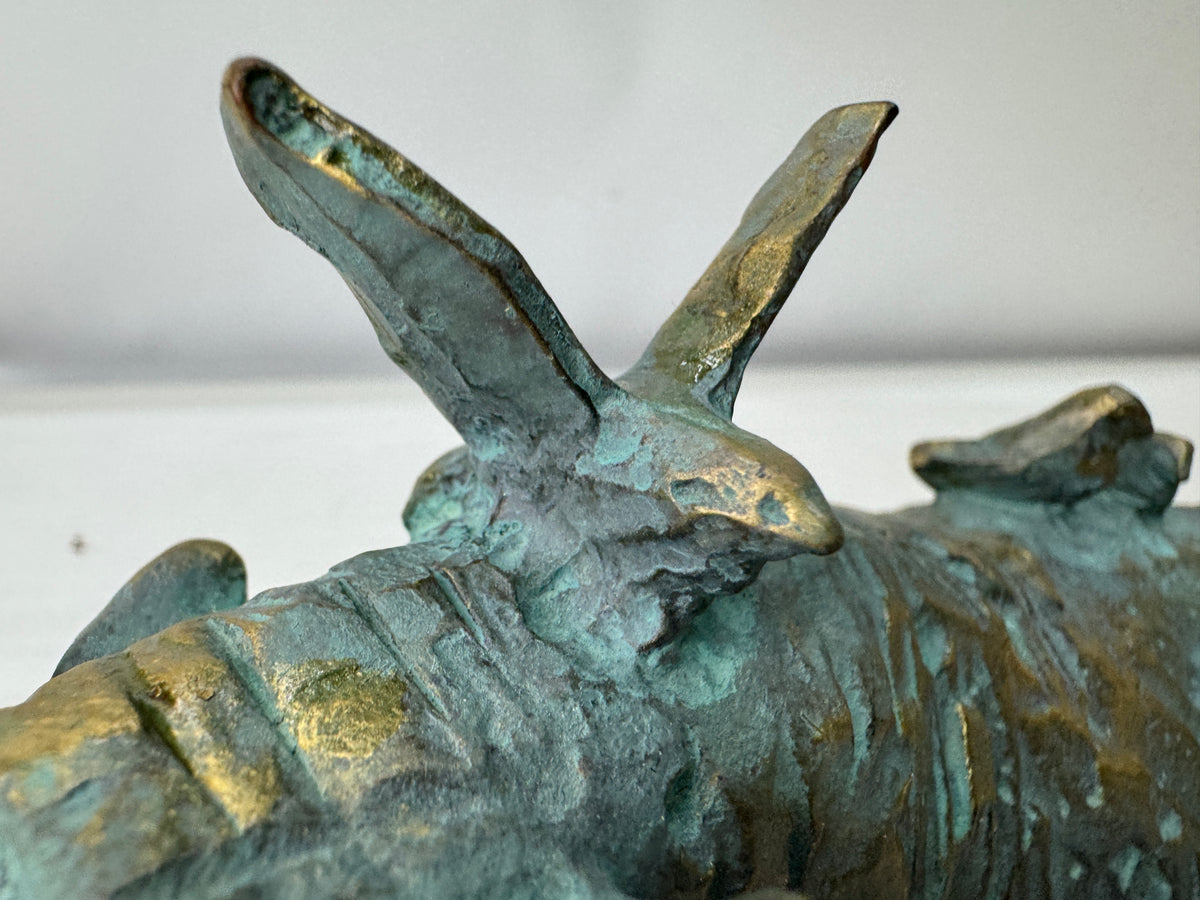 Y11208 OKIMONO Bronze Cow Bird figurine signed box Japan antique interior decor