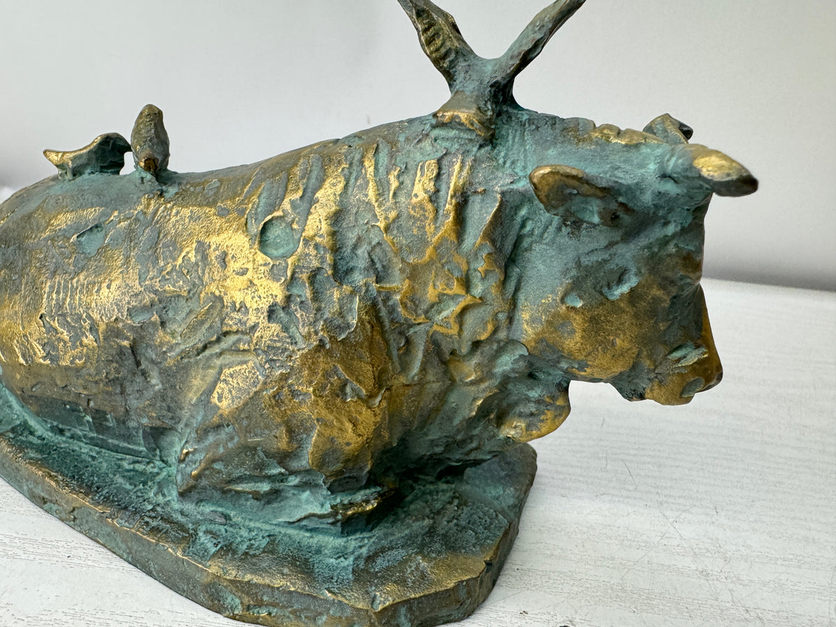 Y11208 OKIMONO Bronze Cow Bird figurine signed box Japan antique interior decor