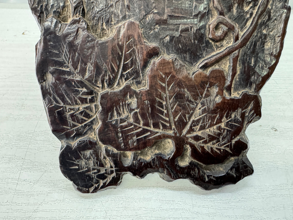 Y11210 TRAY Chinese poem wood carving signed obon ozen Japan antique kitchen