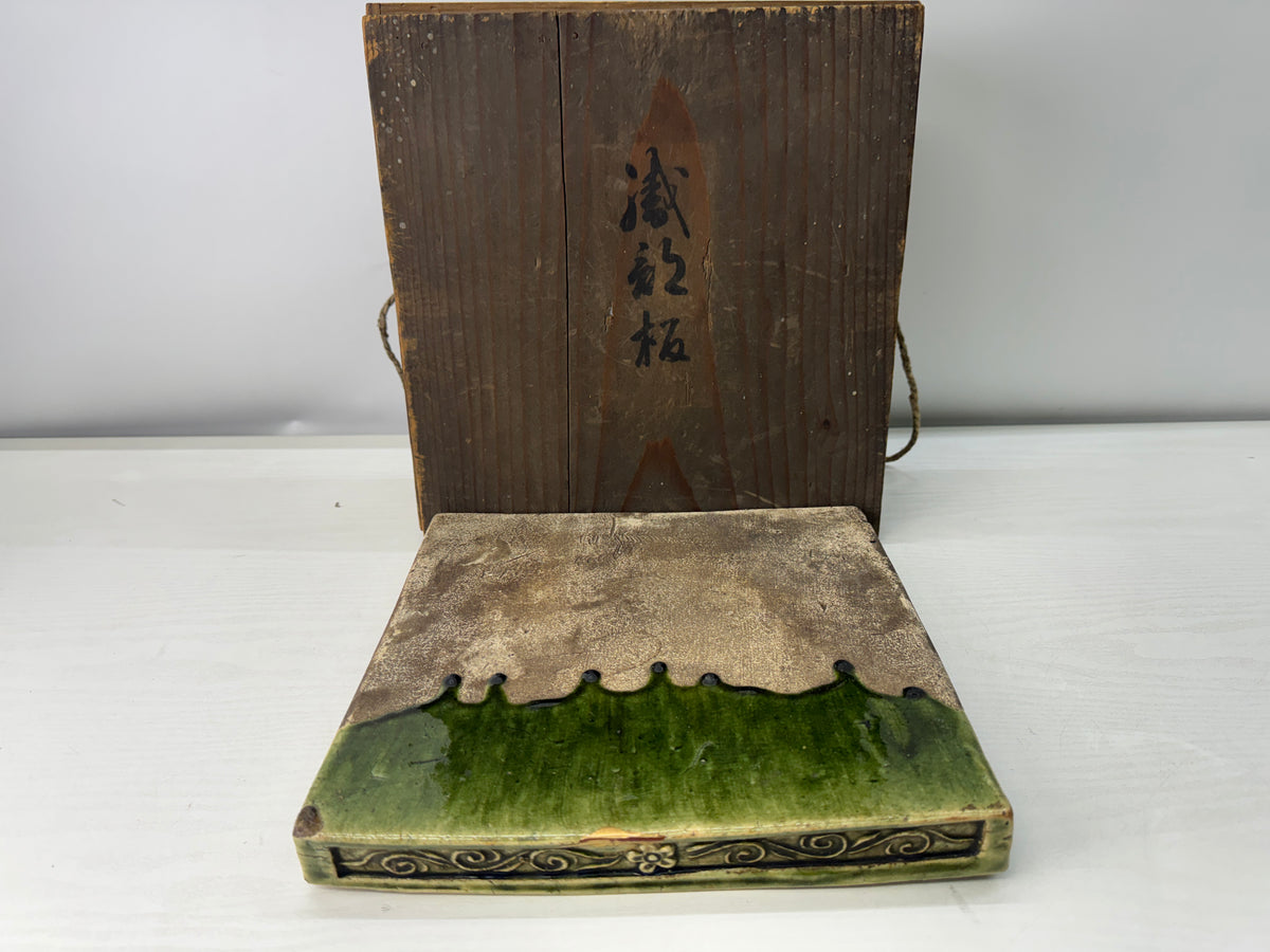 Y11215 TRAY Oribe-ware Kama-shiki kettle rest box Japan antique tea ceremony