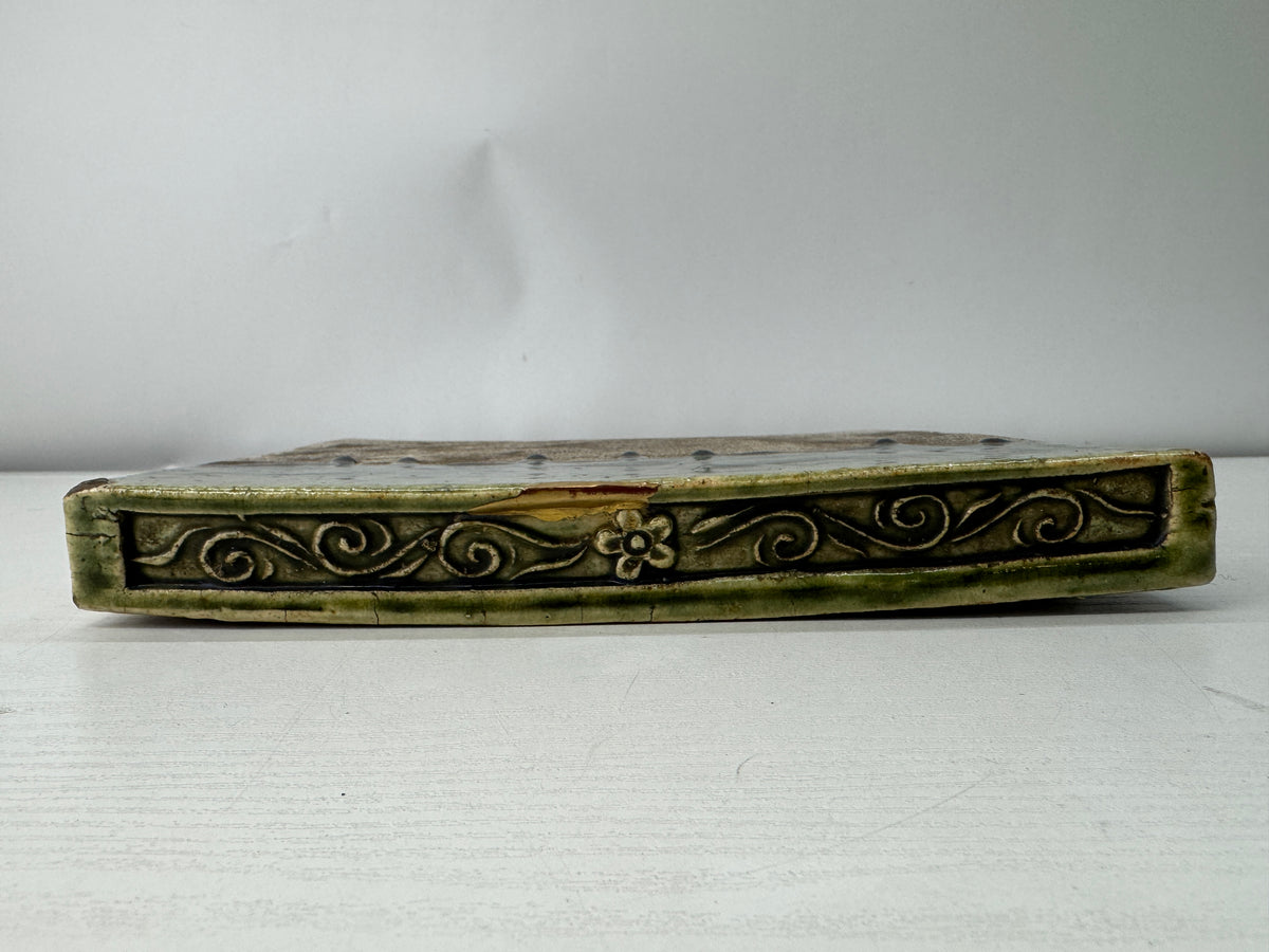Y11215 TRAY Oribe-ware Kama-shiki kettle rest box Japan antique tea ceremony