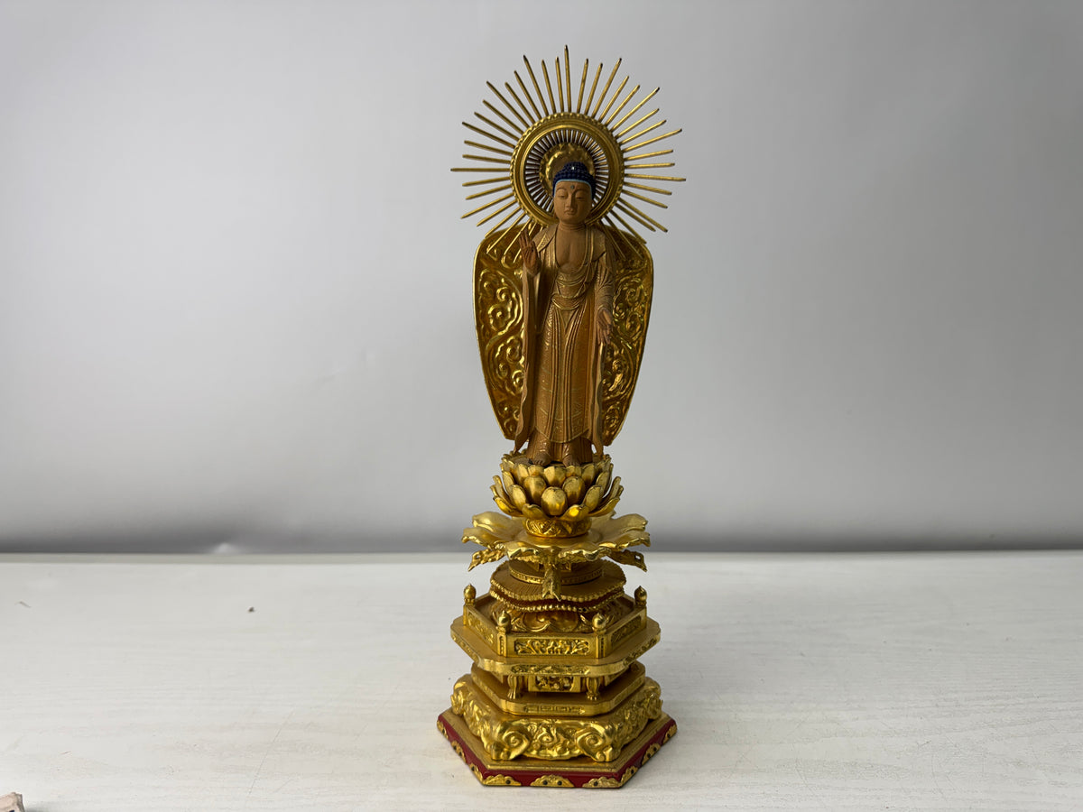 Y11217 STATUE plain wood carving gold leaf Buddha figure Japan antique Buddhism