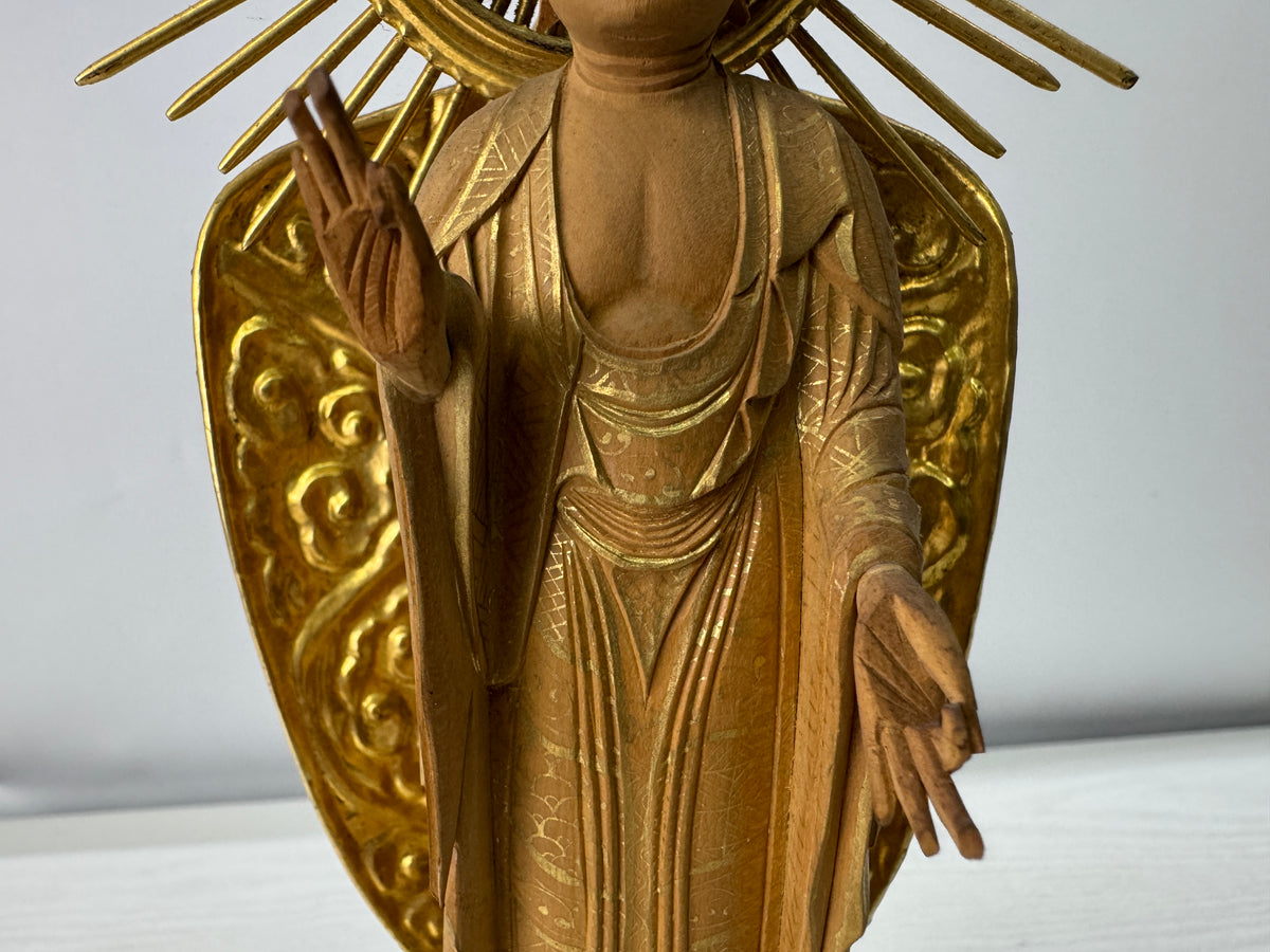 Y11217 STATUE plain wood carving gold leaf Buddha figure Japan antique Buddhism