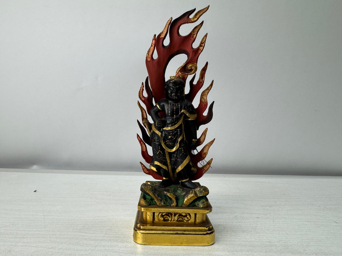 Y11218 STATUE wood carving colored Fudo Myoo Acala Japan antique Buddhism art