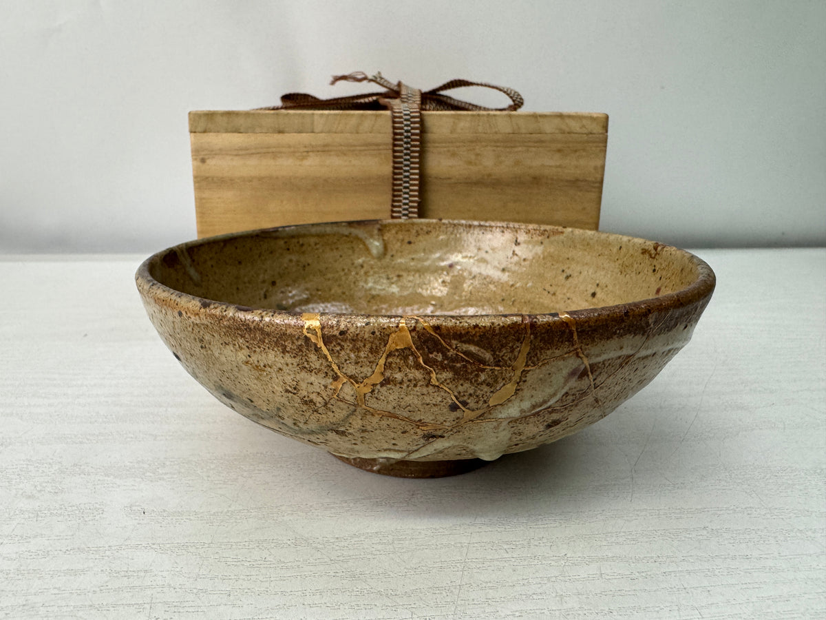 Y11222 CHAWAN Mino-ware flat bowl kintsugi box Japan antique tea ceremony teacup