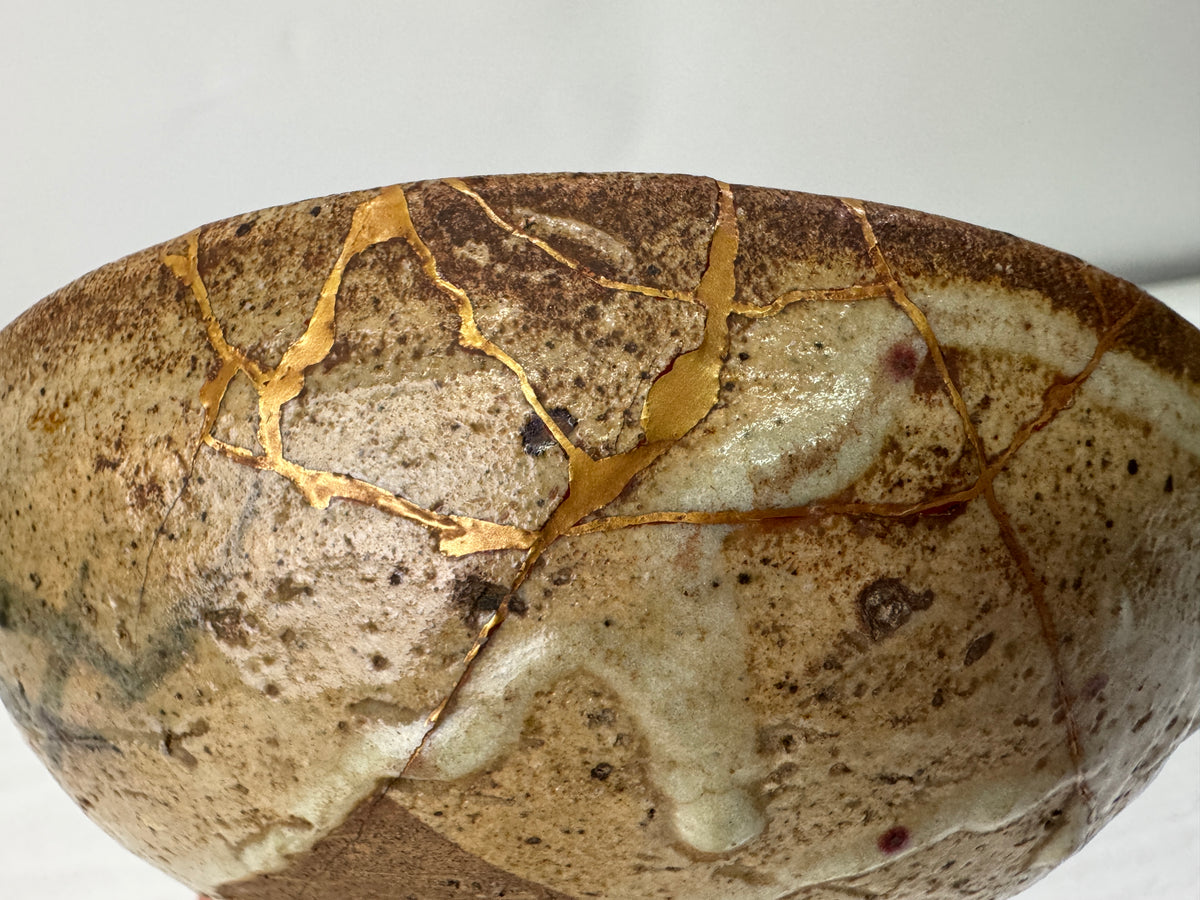 Y11222 CHAWAN Mino-ware flat bowl kintsugi box Japan antique tea ceremony teacup