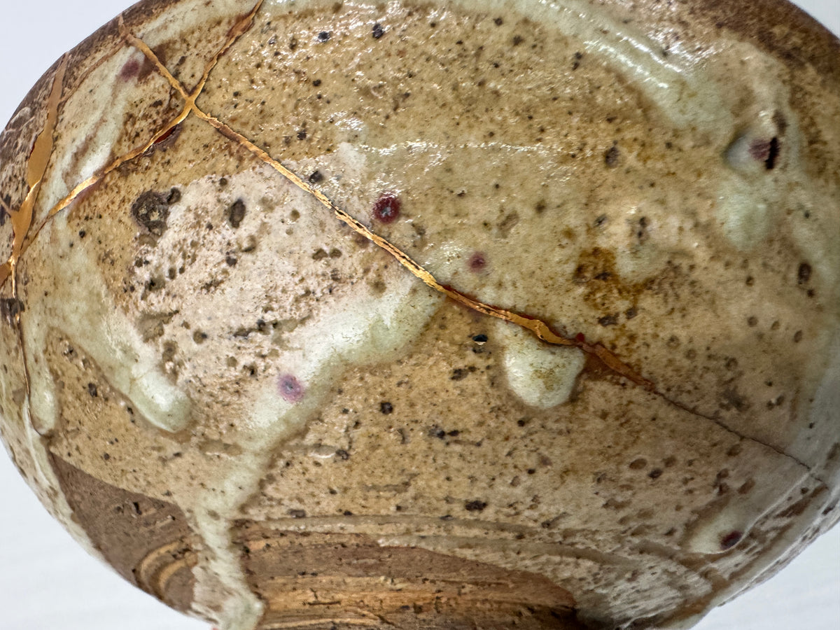 Y11222 CHAWAN Mino-ware flat bowl kintsugi box Japan antique tea ceremony teacup