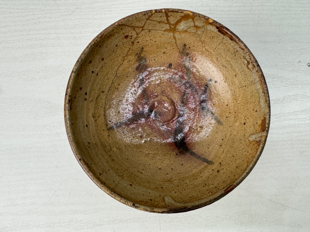 Y11222 CHAWAN Mino-ware flat bowl kintsugi box Japan antique tea ceremony teacup