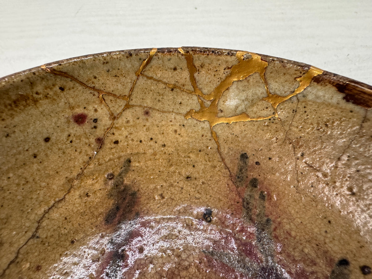 Y11222 CHAWAN Mino-ware flat bowl kintsugi box Japan antique tea ceremony teacup