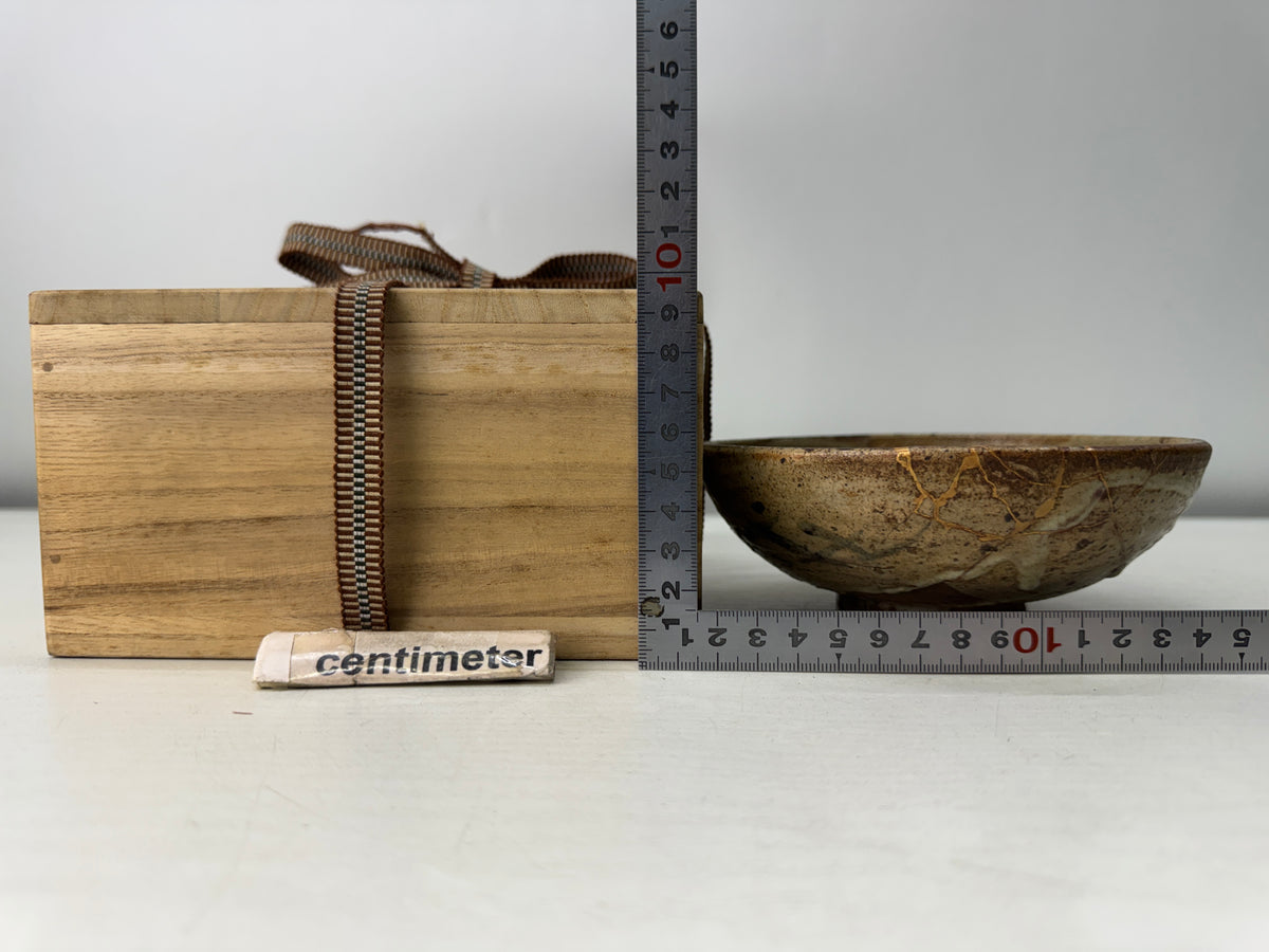 Y11222 CHAWAN Mino-ware flat bowl kintsugi box Japan antique tea ceremony teacup