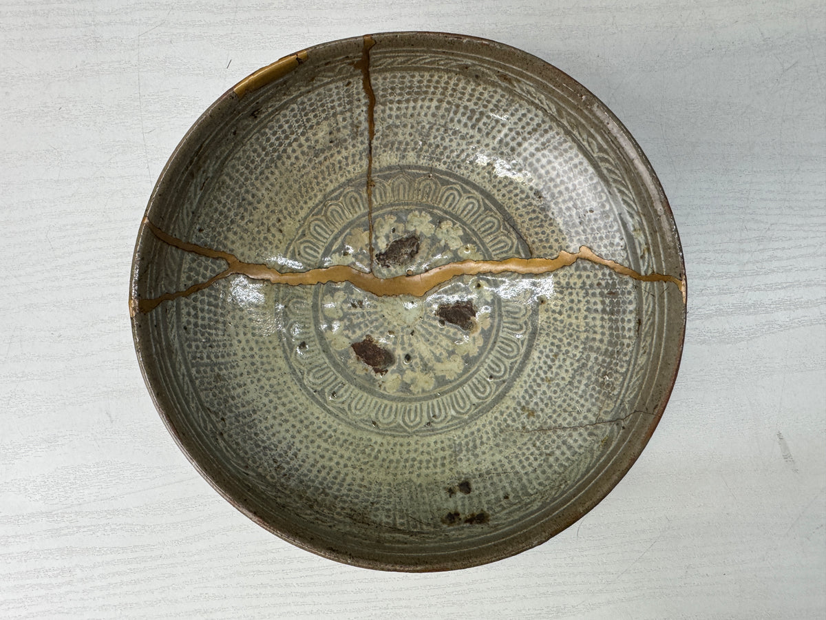 Y11224 CHAWAN Korean Mishima flat bowl kintsugi box Korea antique tea ceremony