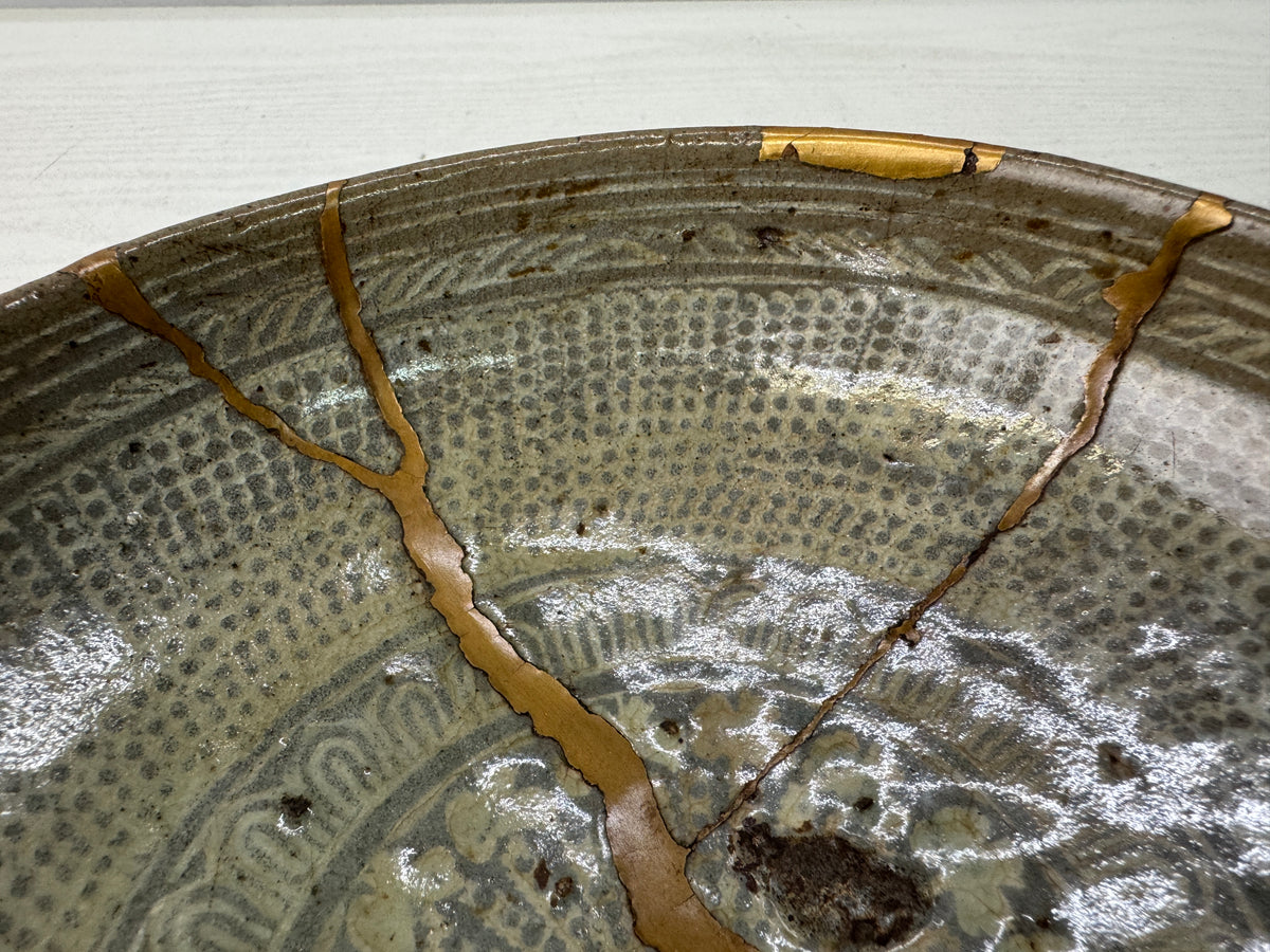 Y11224 CHAWAN Korean Mishima flat bowl kintsugi box Korea antique tea ceremony