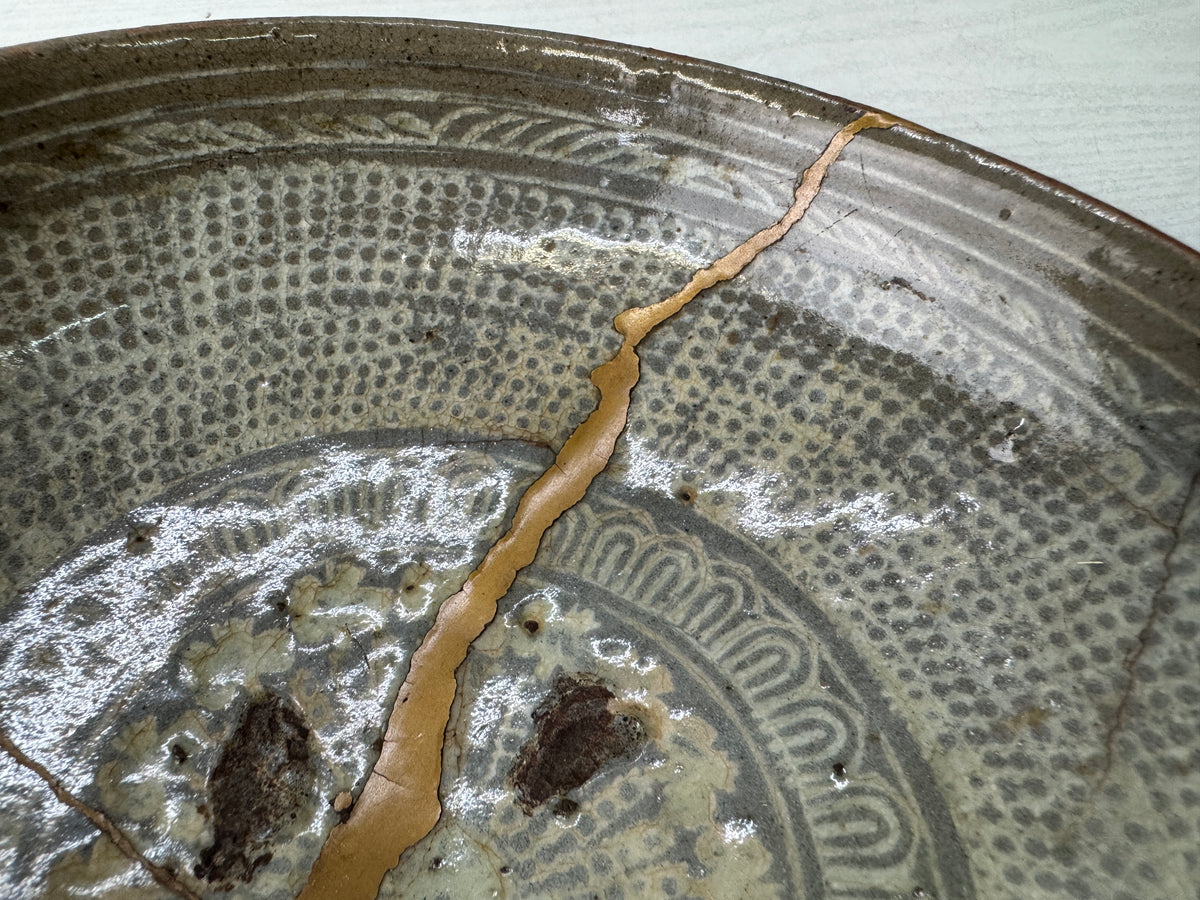 Y11224 CHAWAN Korean Mishima flat bowl kintsugi box Korea antique tea ceremony