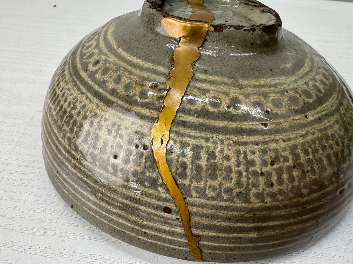 Y11224 CHAWAN Korean Mishima flat bowl kintsugi box Korea antique tea ceremony