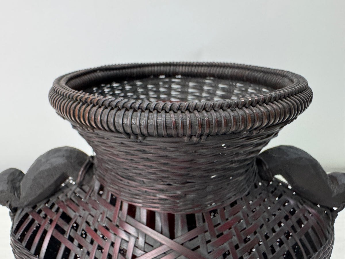 Y11235 Bamboo Woven Basket Flower vase signed box ikebana Japan antique decor