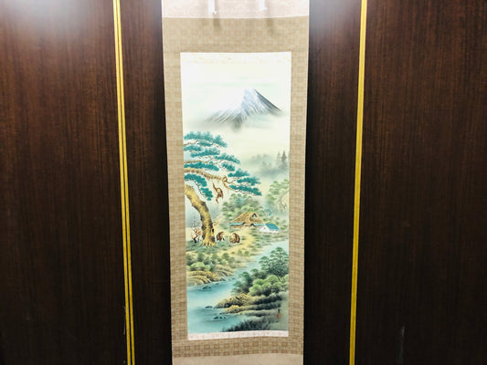 Y7128 KAKEJIKU Mt.Fuji 5 mokeys signed box Japan antique hanging scroll art