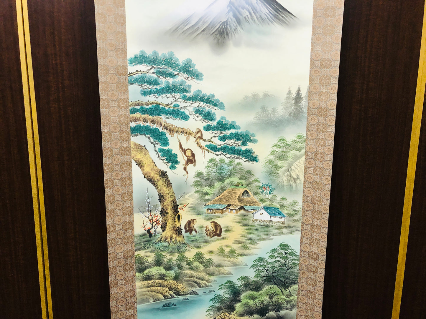 Y7128 KAKEJIKU Mt.Fuji 5 mokeys signed box Japan antique hanging scroll art