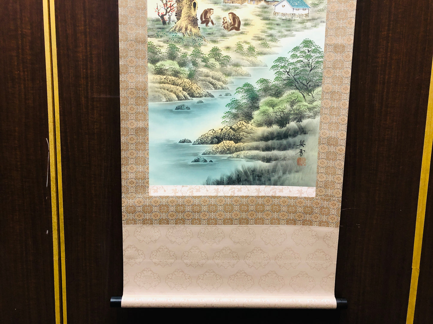 Y7128 KAKEJIKU Mt.Fuji 5 mokeys signed box Japan antique hanging scroll art