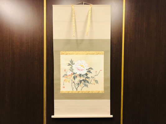 Y7130 KAKEJIKU Peony signed box Japan antique hanging scroll art wall interior