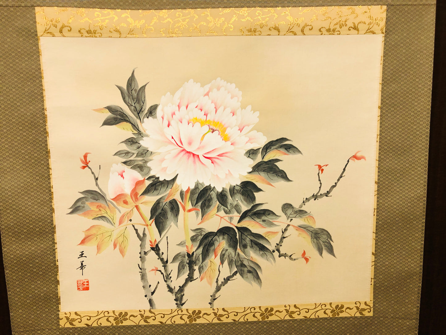 Y7130 KAKEJIKU Peony signed box Japan antique hanging scroll art wall interior