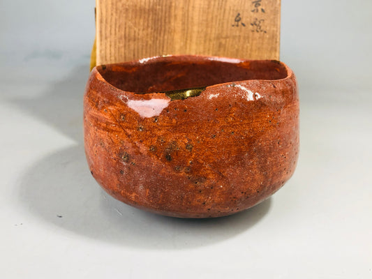 Y7140 CHAWAN Raku-ware red bowl kintsugi signed box Japan antique tea ceremony