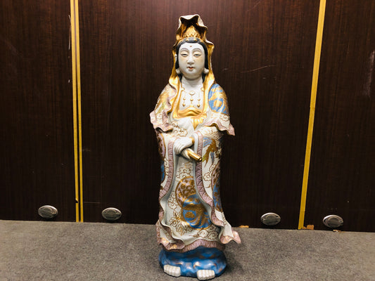 Y7141 STATUE Kutani-ware large colored Kannon figure gold color Japan antique