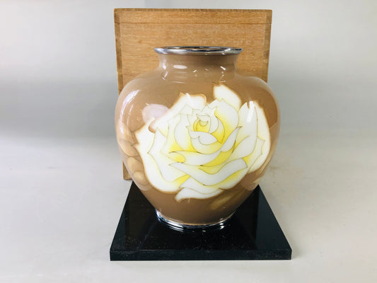Y7142 FLOWER VASE Cloisonne rose signed box Japan ikebana floral arrangement