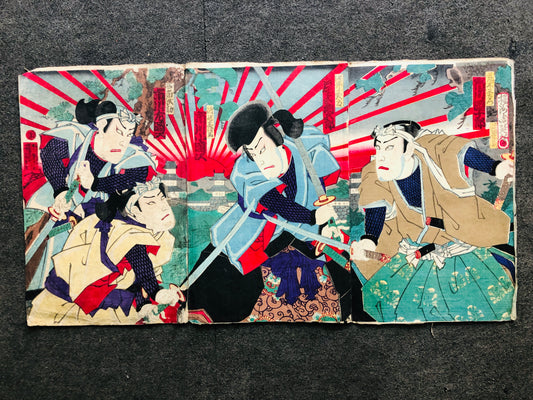 Y7150 WOODBLOCK PRINT Chikanobu triptych Kabuki sunrise Japan Ukiyoe antique art