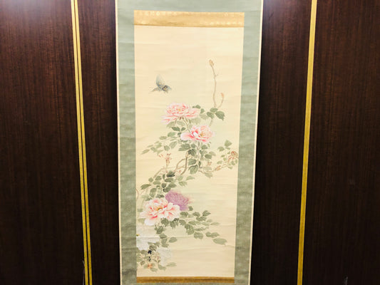 Y7164 KAKEJIKU Flower Butterfly signed box Japan antique hanging scroll art